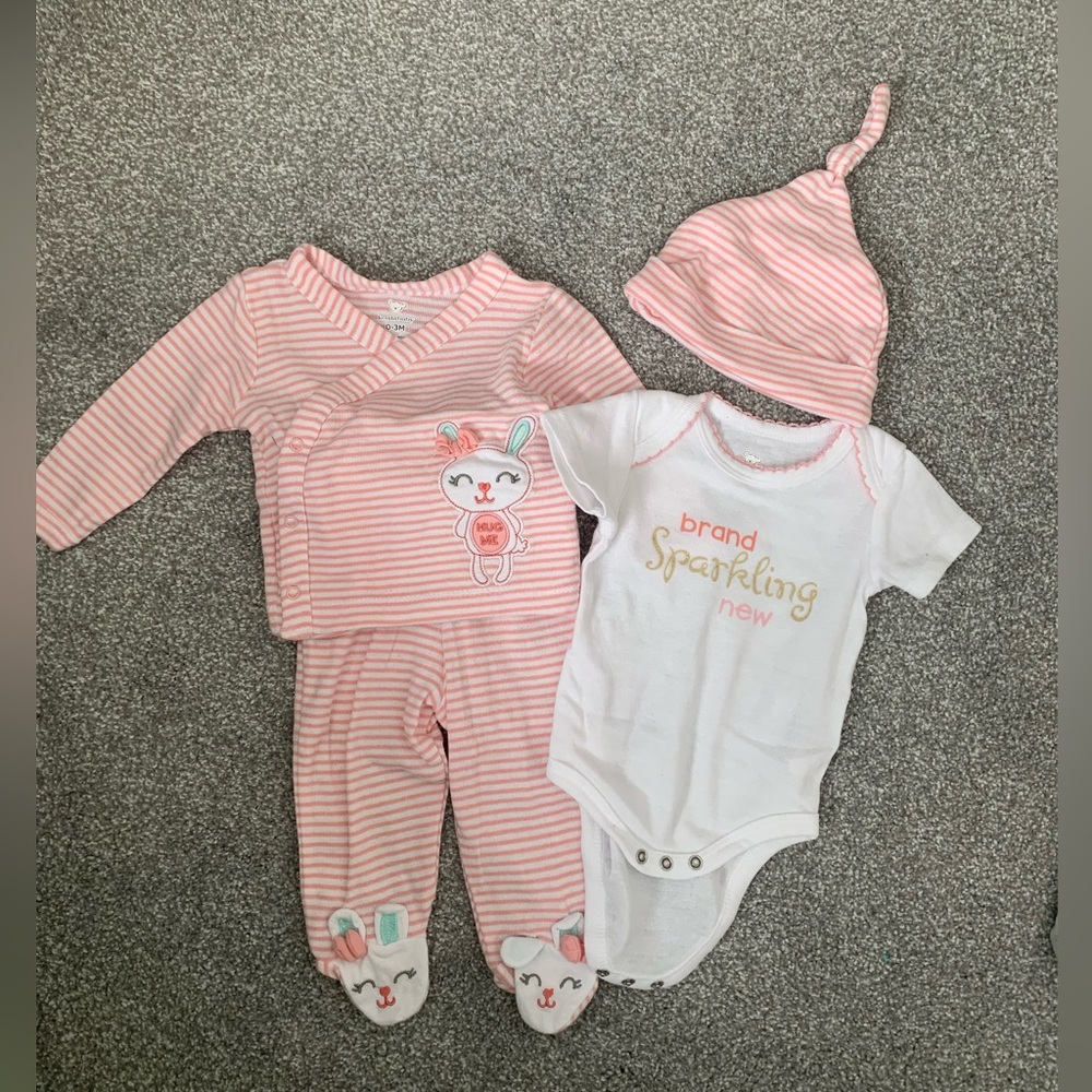 Striped Pink Bunny Baby Bodysuit Set